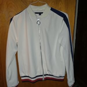 Tommy Hilfiger White Bomber Jacket with Blue and Red Stripes
